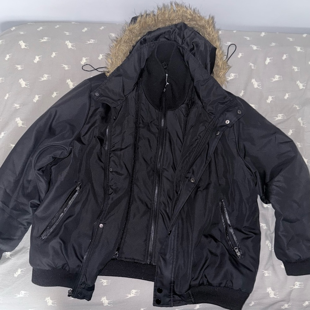 Men's Black Puffer Jacket with Tan Fur Hood